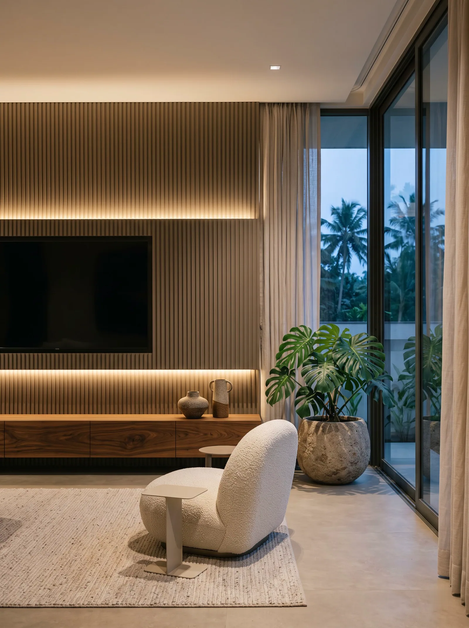 A finished modern living space with a fluted media wall, ready for handover