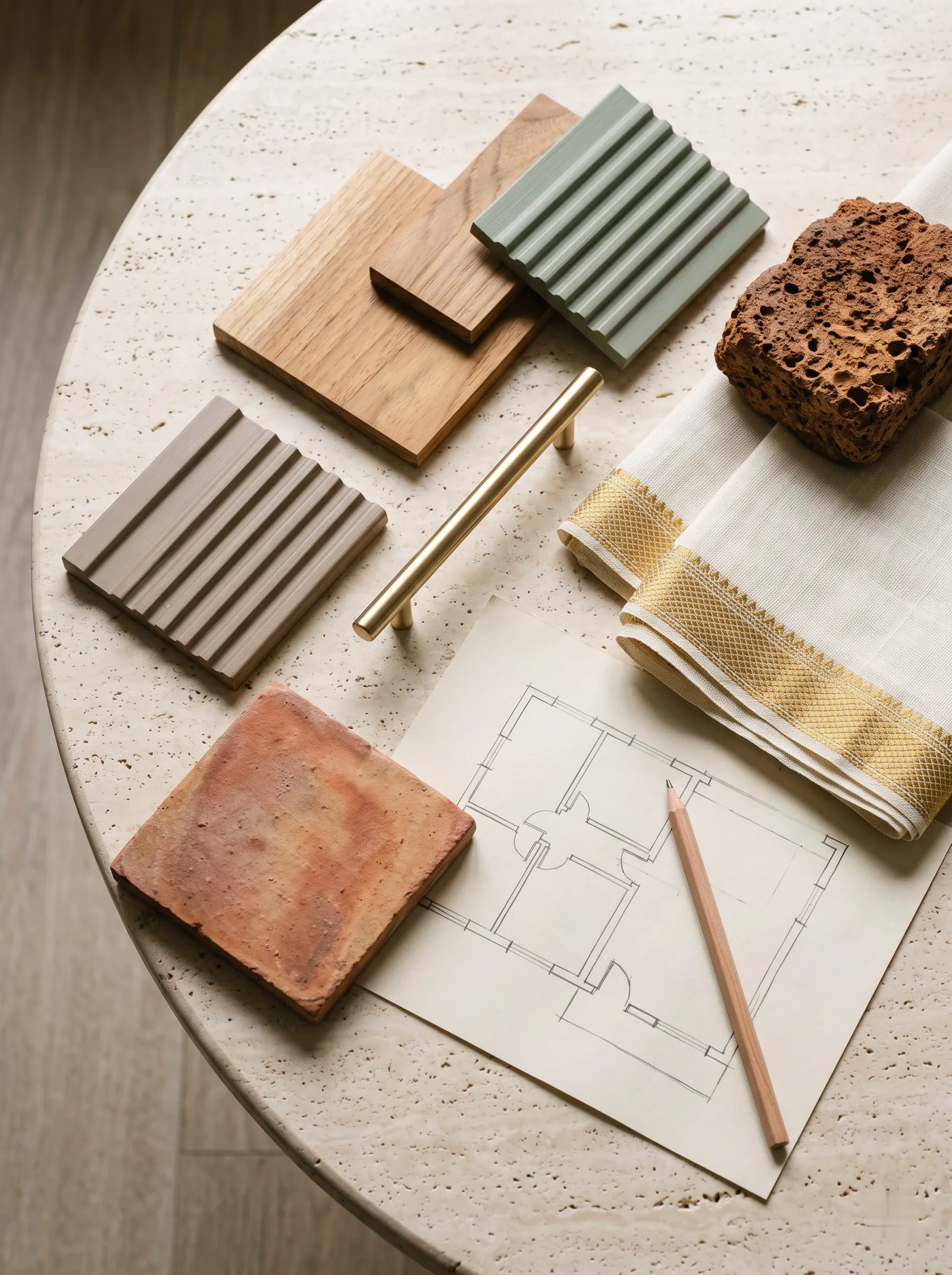 Interior material samples: teak, painted fluted panels, brass, laterite stone and kasavu handloom