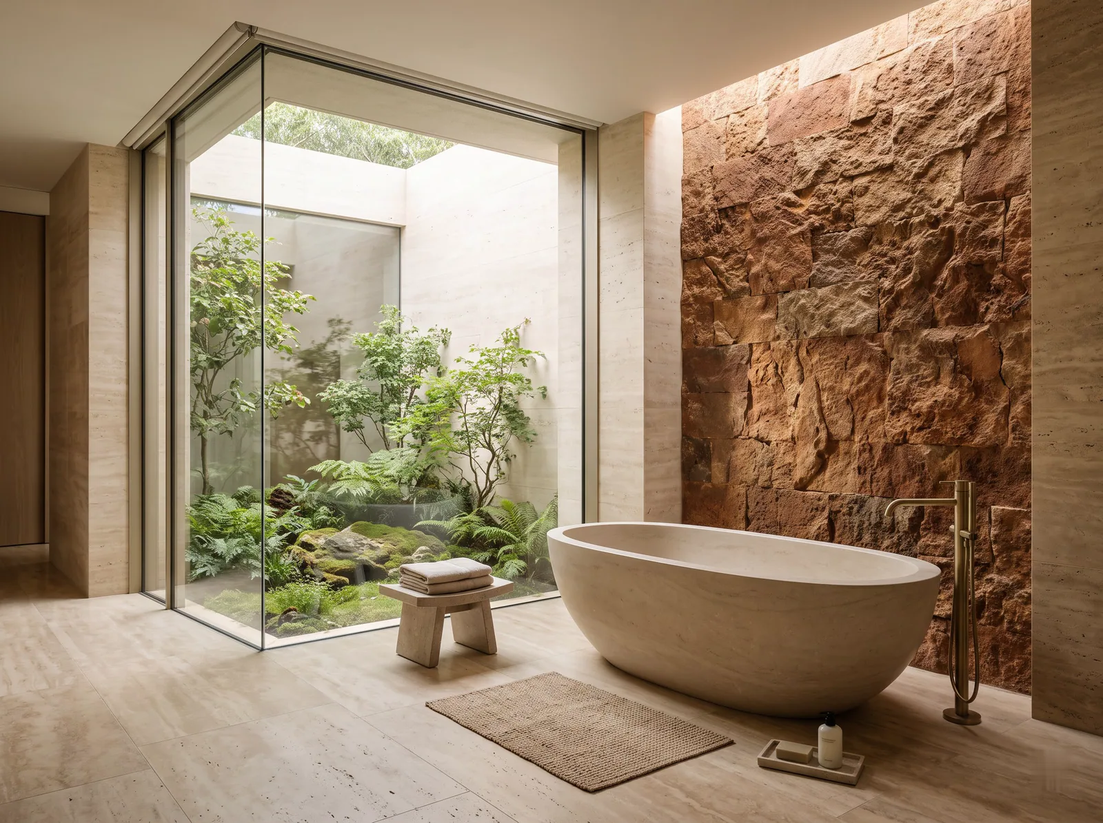 The Spa Bathroom: A stone bathtub, travertine walls and a private planted courtyard.