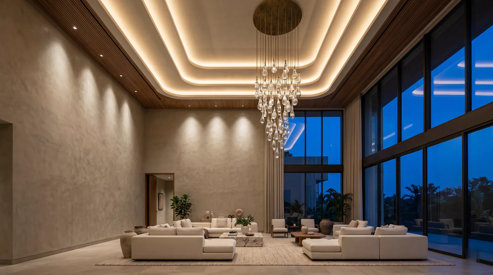 Double-height living hall with glowing ceiling coves and a brass chandelier