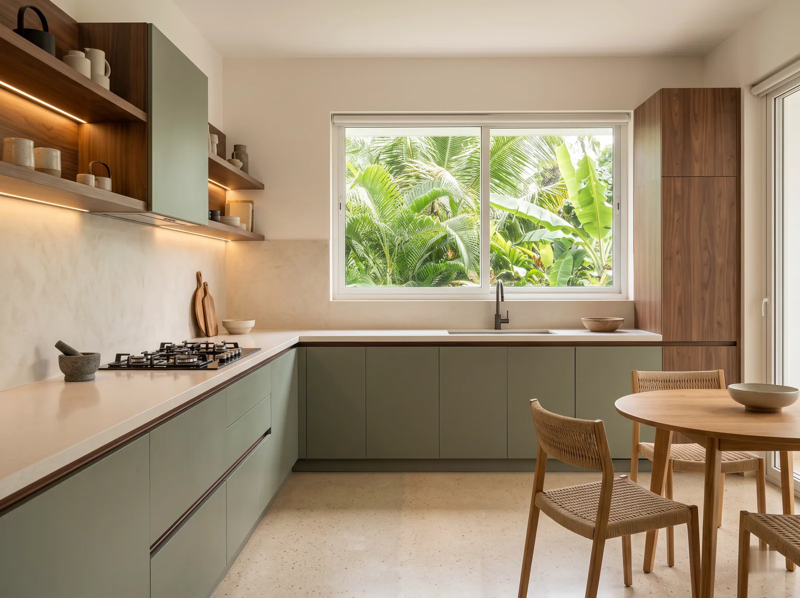 The L-Shaped Kitchen: Two walls of storage meeting in a corner, leaving the room open for a breakfast table. Suits most homes.